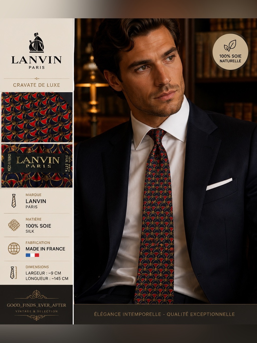 Lanvin Paris - Red / Navy & Gold Patterned Silk Tie